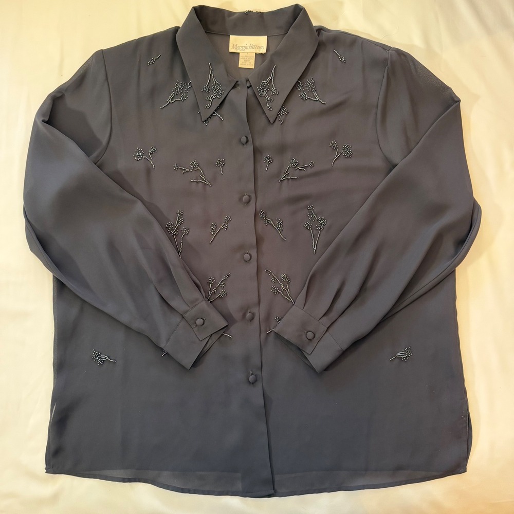 Vintageā Beaded Sheer Blouse Maggie Barnes Size 18W Charcoal Whimsigoth Coquette